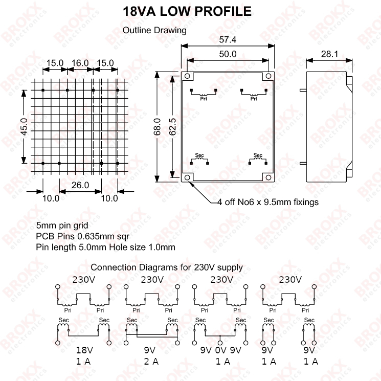 PCB Transformer 230 VAC - 2 x 9 VAC 1 A - Click Image to Close